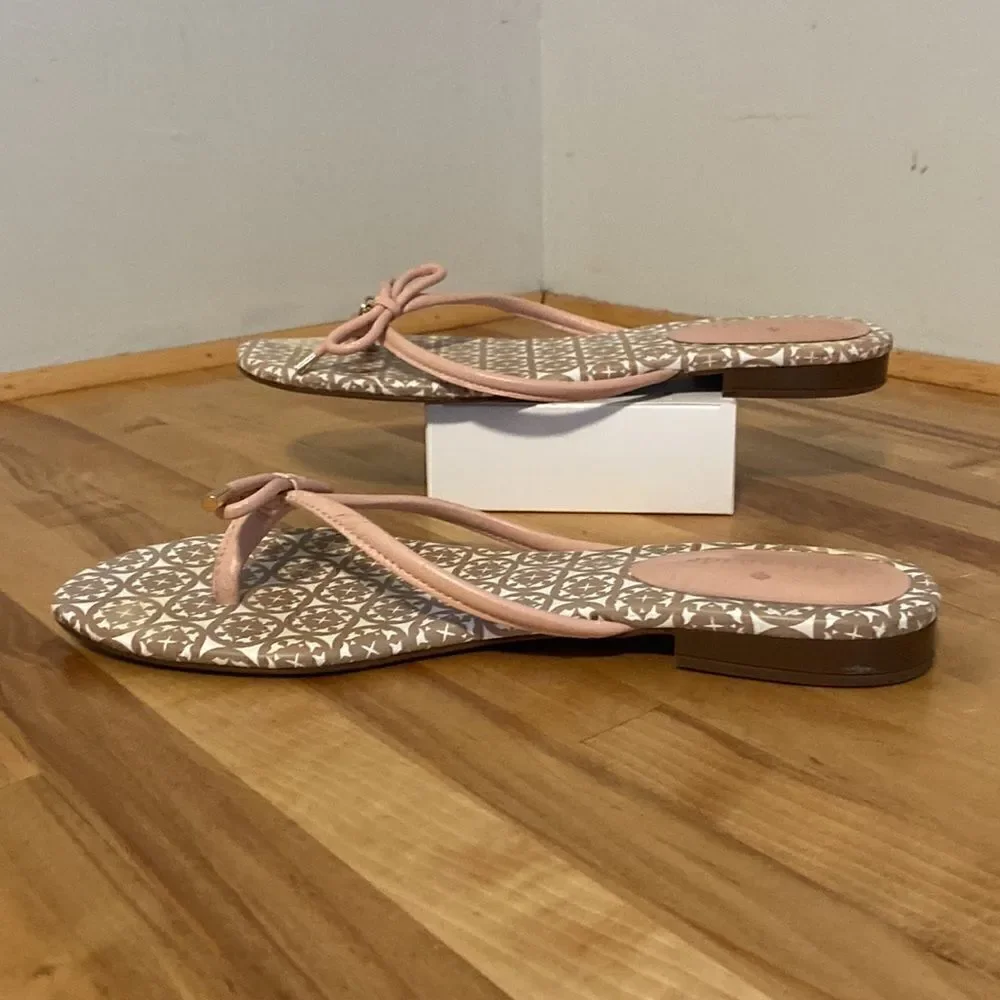 Kate Spade Taupe & Blush Pretty Bow Leather Slide On Flip Flop Sandals Size 9.5